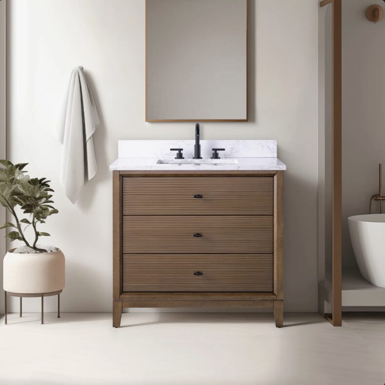 Spacious Storage Fluted Walnut Bathroom Vanity with Full Soft-Close Solid Wood Drawers