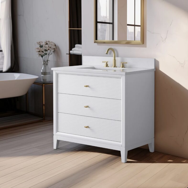 1 Large Storage Fluted White Bathroom Vanity with Full Soft-Close Solid Wood Drawers