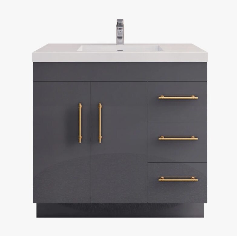 36" Modern Gloss Grey Bathroom Vanity Cabinet with Multi Storage & Gold Bar Hardware
