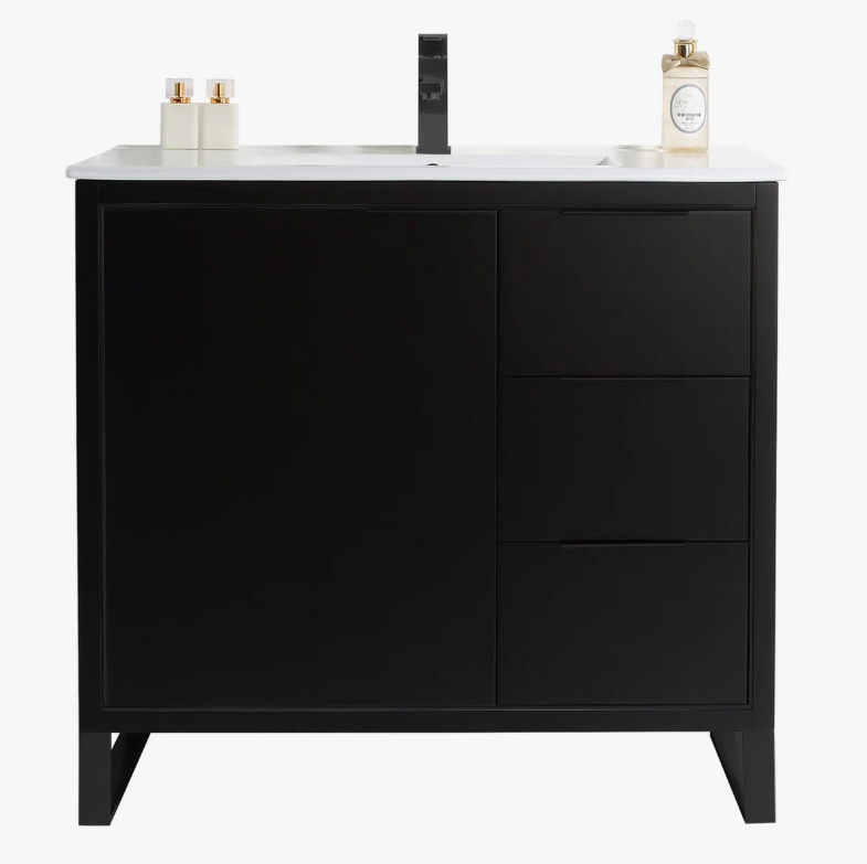 Industrial Style Black Bathroom Vanity with Split Storage Zones & Full Soft-Close Hardware