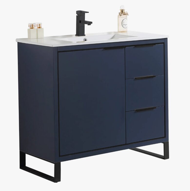 1 Minimalist Navy Bathroom Vanity with Full Soft-Close Hardware & Adjustable Interior Shelf