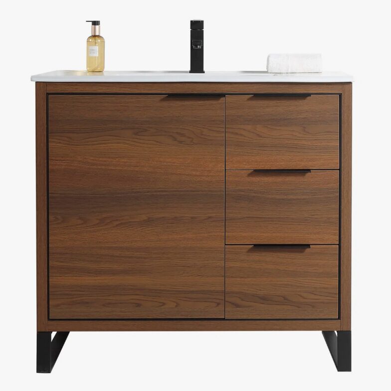 Mid-Century Walnut Bathroom Vanity with Full Soft-Close Hardware & Adjustable Inner Shelf