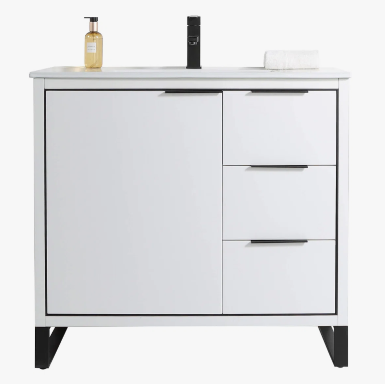 Minimalist White Bathroom Vanity with Full Soft-Close Hardware & Adjustable Interior Shelf