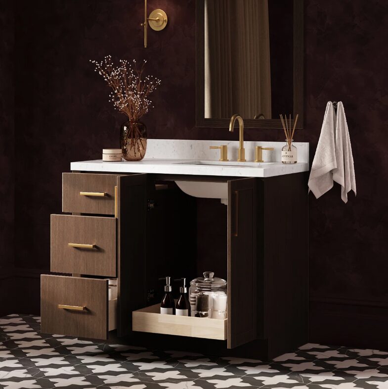 Transitional Walnut Wood Bathroom Vanity with Full Soft-Close Hardware & Solid Pine Drawer Boxes