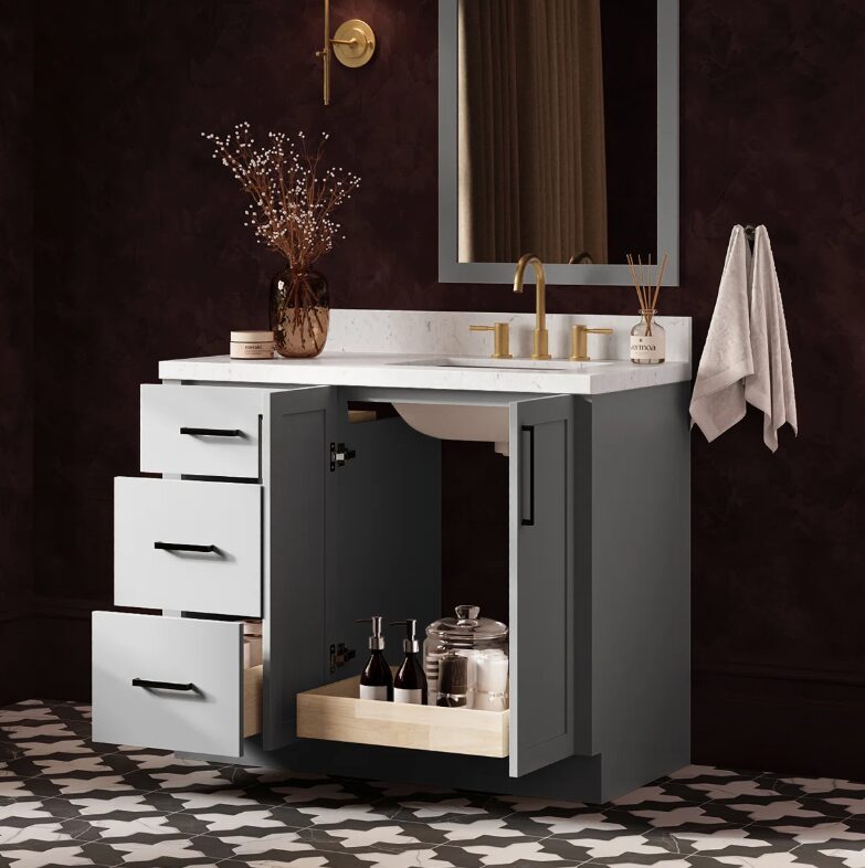 42" Modern Light Gray Bathroom Vanity Cabinet with Matte Black Bar Pulls & Classified Storage