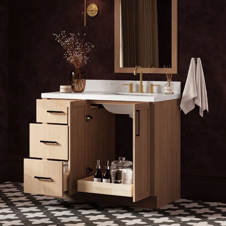 Contemporary Light Oak Wood Bathroom Vanity with Full Soft-Close Hardware & Solid Pine Drawer Boxes