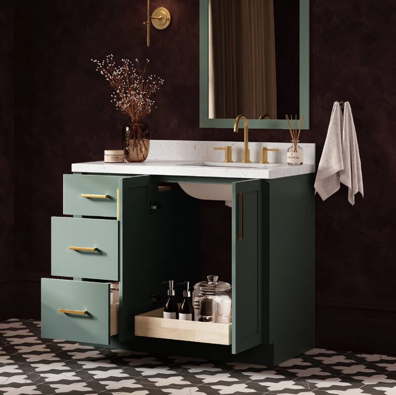 Transitional Sage Green Wood Bathroom Vanity with Full Soft-Close Hardware & Solid Pine Drawer Boxes