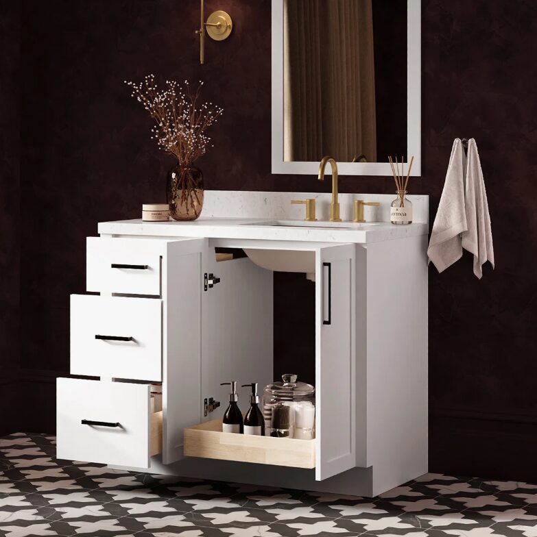 Minimalist White Wood Bathroom Vanity with Full Soft-Close Hardware & Solid Pine Drawer Boxes