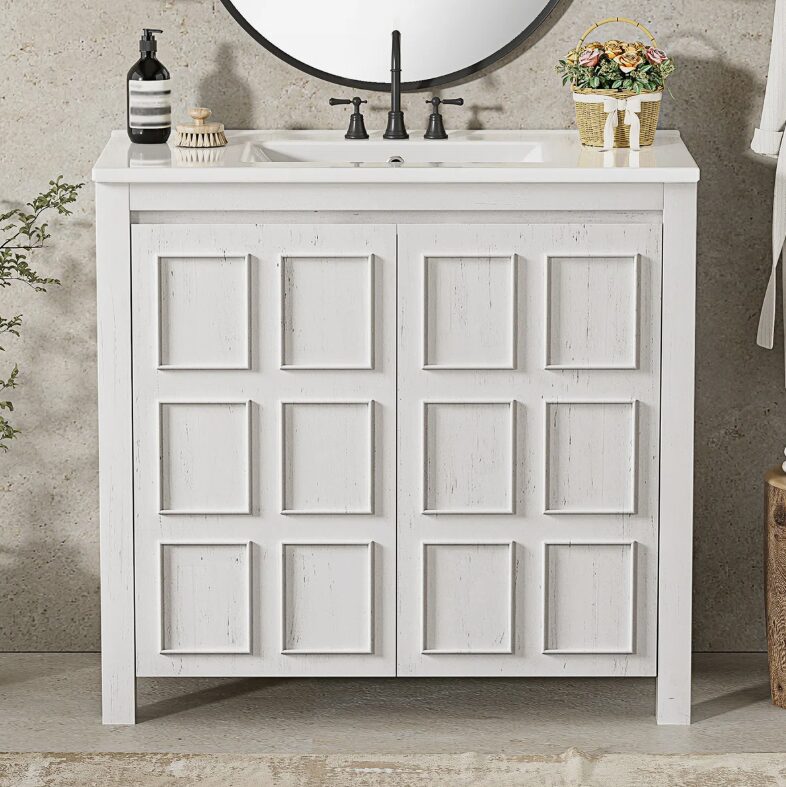 1 36" Rustic White Shaker Bathroom Vanity Cabinet with Vintage Distressed Wood Finish