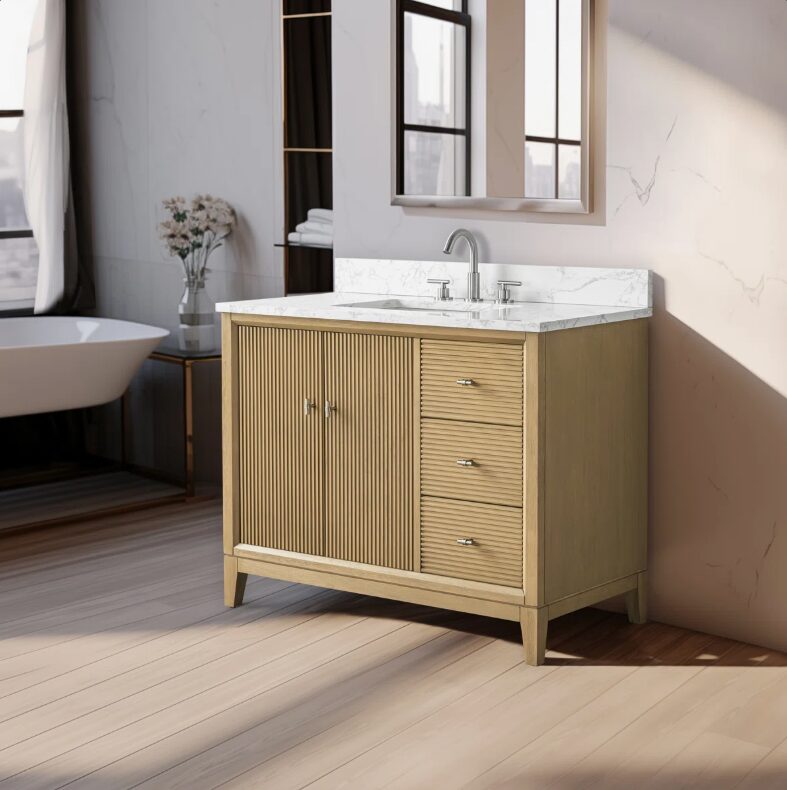 Contemporary Ribbed Wood Bathroom Vanity with Split Storage Layout & Full Soft-Close Hardware