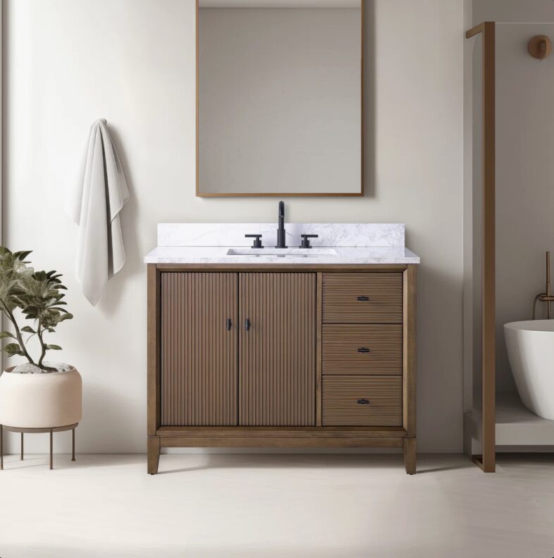 1 Contemporary Reeded Wood Bathroom Vanity with Split Storage & Full Anti-Slam Soft-Close Hardware