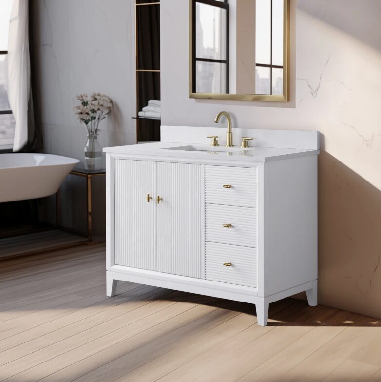 Contemporary Reeded Wood Bathroom Vanity with Split Storage Layout & Full Anti-Slam Soft-Close Hardware