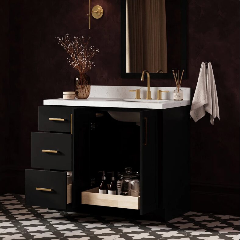 1 Contemporary Matte Black Bathroom Vanity with Full Soft-Close Slides & Spacious Wooden Drawers