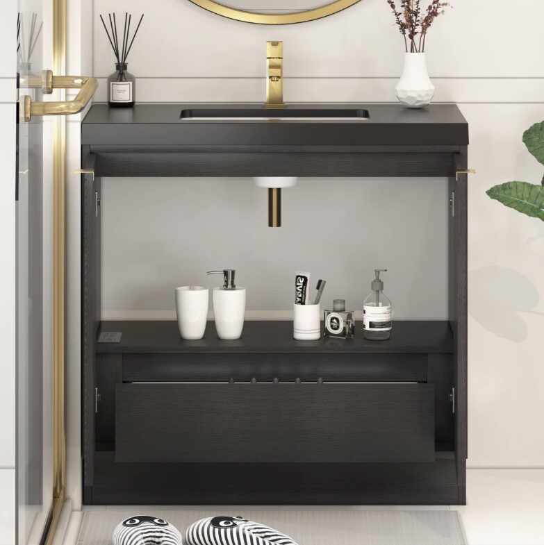 Contemporary Ribbed Black Bathroom Vanity with Full Soft-Close Mechanism & Adjustable Shelf