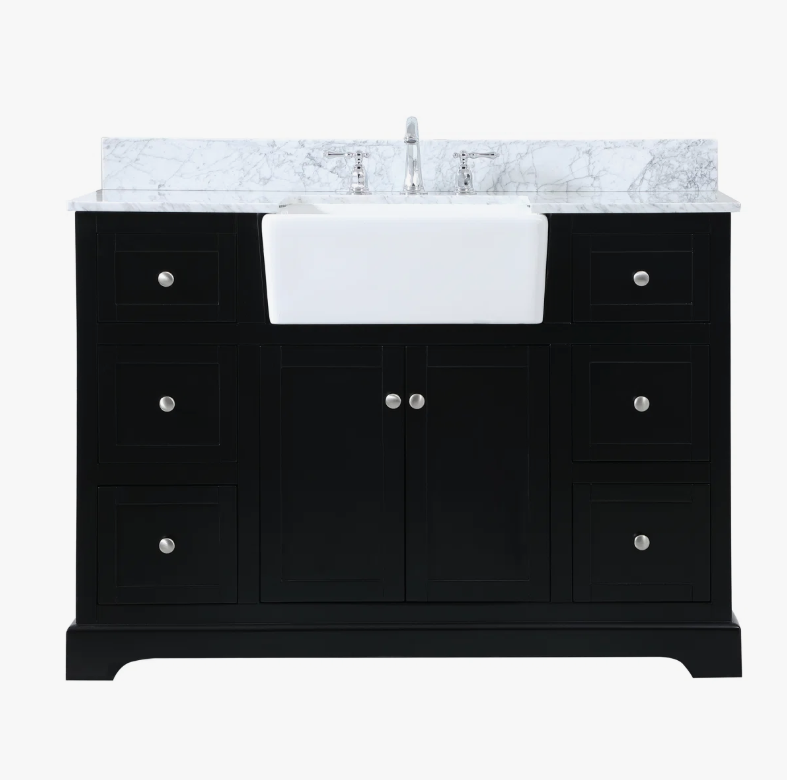 Transitional Matte Black Farm Vanity with Soft-Close Hardware & Natural Marble Countertop