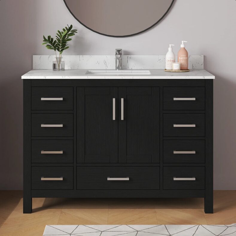 Transitional Matte Black Bathroom Vanity with Full Soft-Close Hardware & Solid Pine Drawer Boxes