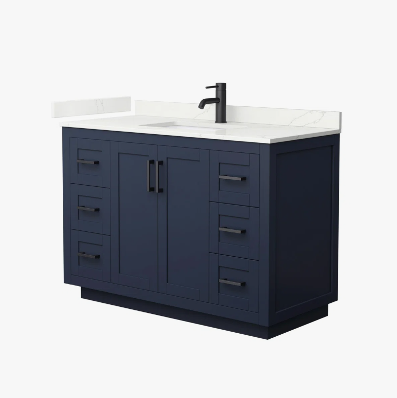 48" Modern Navy Shaker Vanity Cabinet with Matte Black Bar Pulls & Symmetric Multi-Drawer Storage