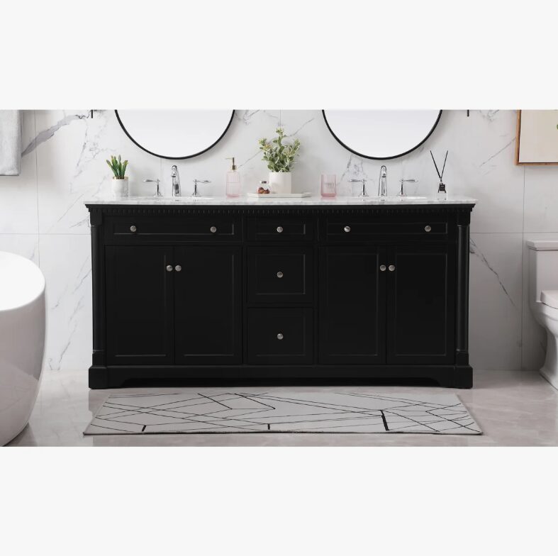 1 72 Inch Traditional Matte Black Double Sink Bathroom Vanity, Carrara White Marble Top & Chrome Knob Hardware