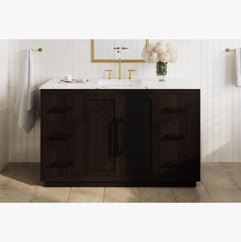 1 Transitional Herringbone Single Sink Bathroom Vanity with Full Soft-Close Hardware & Solid Wood Drawer Boxes