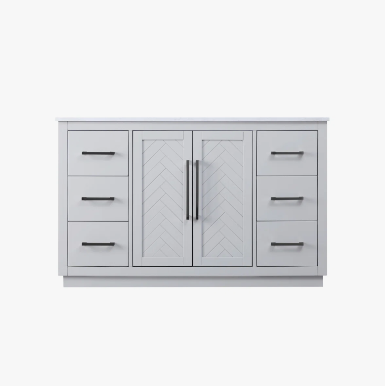 54" Modern Grey Vanity Cabinet with Matte Black Pulls & Symmetric Multi-Drawer Storage