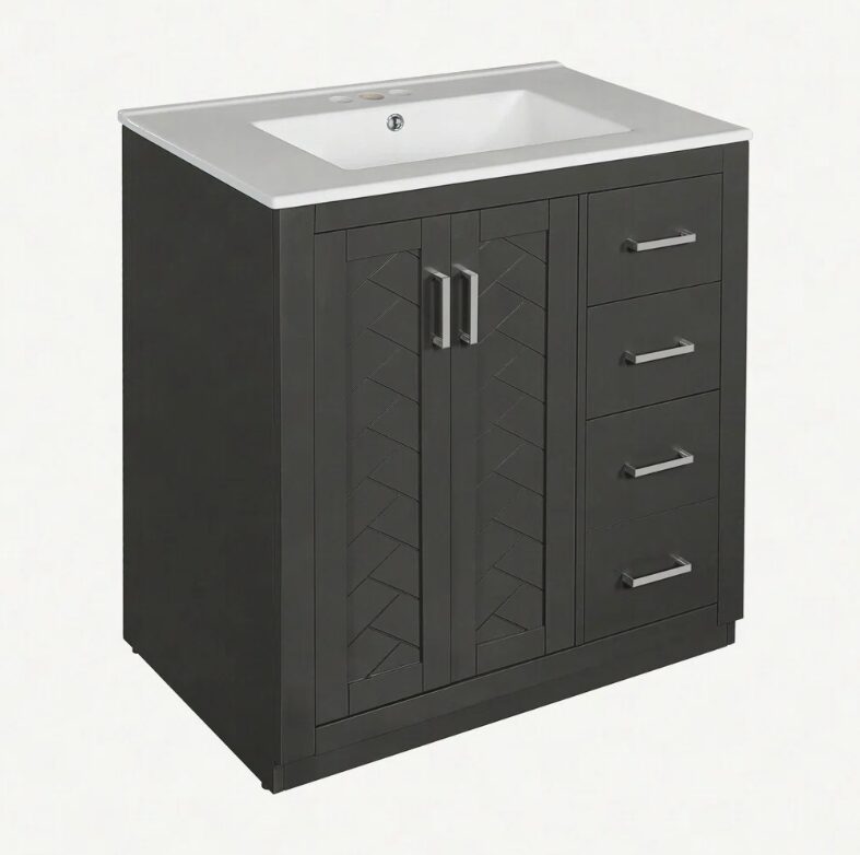 1 Contemporary Herringbone Bathroom Vanity Soft Close Drawers Spacious Split Storage Layout