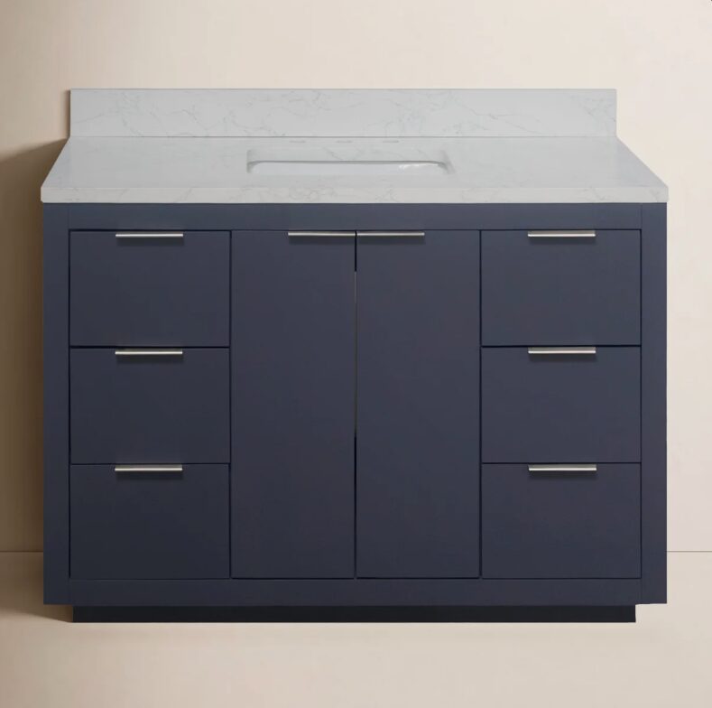 Contemporary Navy Single Sink Vanity with Full Soft-Close Hardware & Spacious Interior Storage