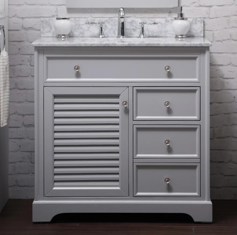 Coastal Style Grey Louver Bathroom Vanity Soft Close Drawers Multi-Zone Storage Cabinet