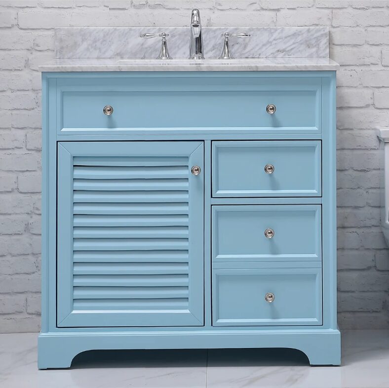 Pastel Blue Louver Bathroom Vanity Soft Close Drawers Multi-Zone Organized Storage Layout