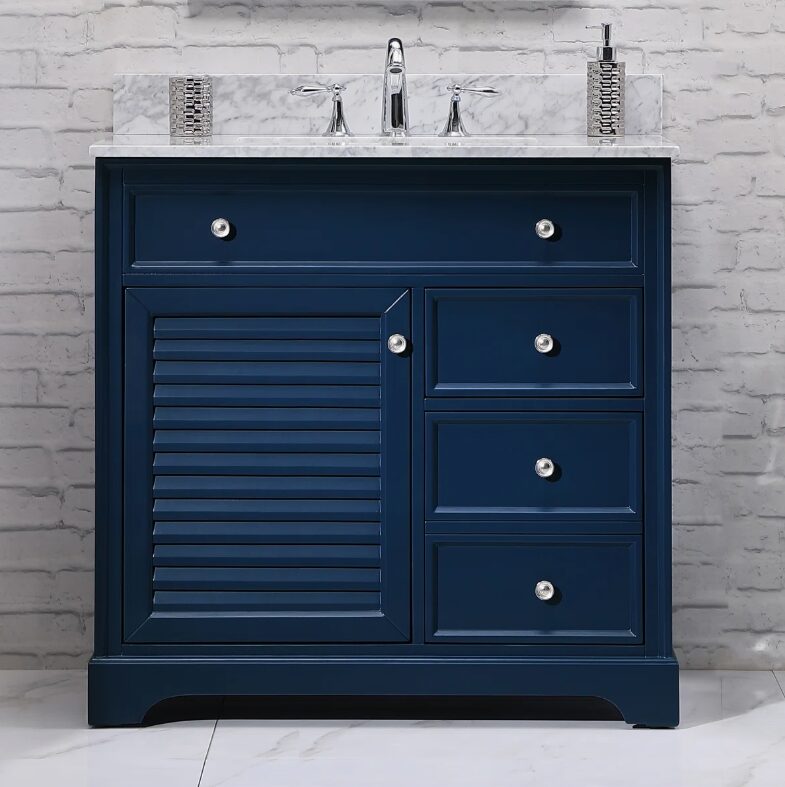 Coastal Navy Louver Bathroom Vanity Soft Close Drawers Multi-Zone Storage Layout