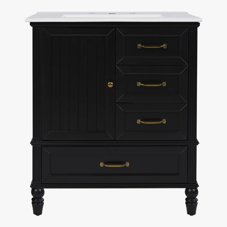 Vintage Traditional Black Bathroom Vanity Soft Close Drawers Large Split Storage Layout