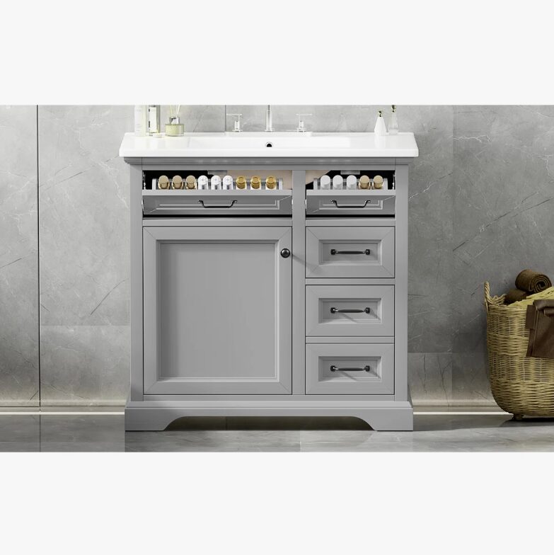 Classic Shaker Grey Bathroom Vanity Soft Close Drawers Multi-Zone Organized Storage