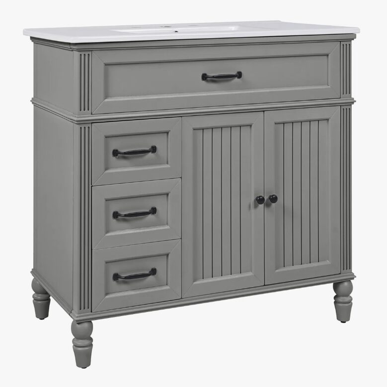 1 Cottage Style Grey Beadboard Bathroom Vanity Soft Close Drawers Split Organized Storage Layout