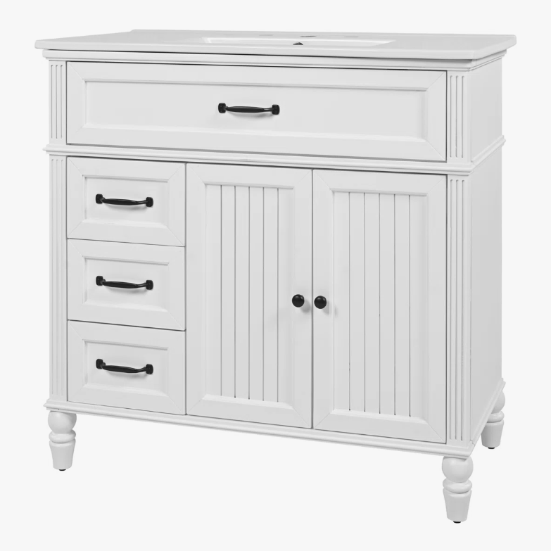 1 36" Freestanding White Farmhouse Bathroom Vanity with Multi-Drawer & Double Cabinet Doors