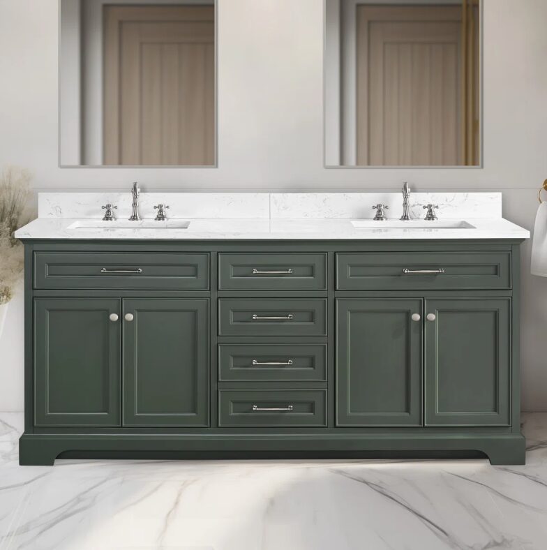 1 Traditional Sage Green Double Sink Vanity Soft Close Drawers & Spacious Side Cabinet Storage
