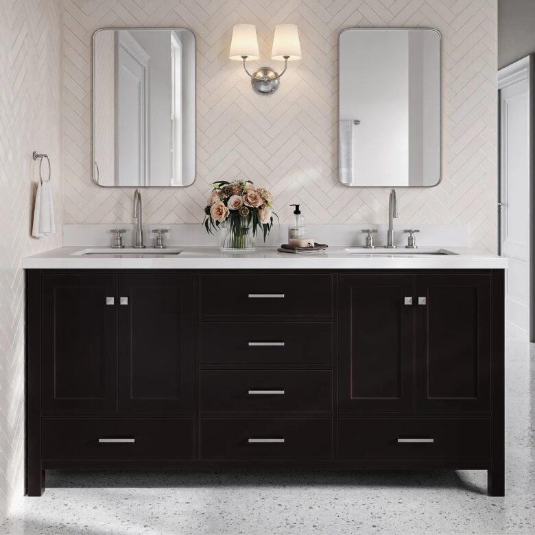 1 Modern Espresso Double Sink Vanity Soft Close Drawers Multi-Zone Classified Storage Layout