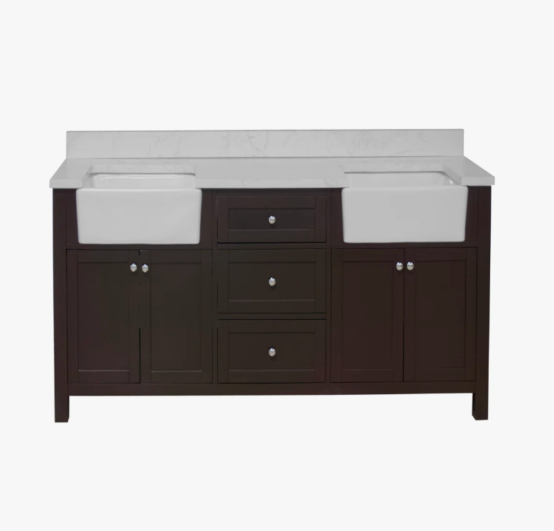 Transitional Farmhouse Double Farm Sink Vanity Soft Close Drawers & Spacious Side Cabinet Storage