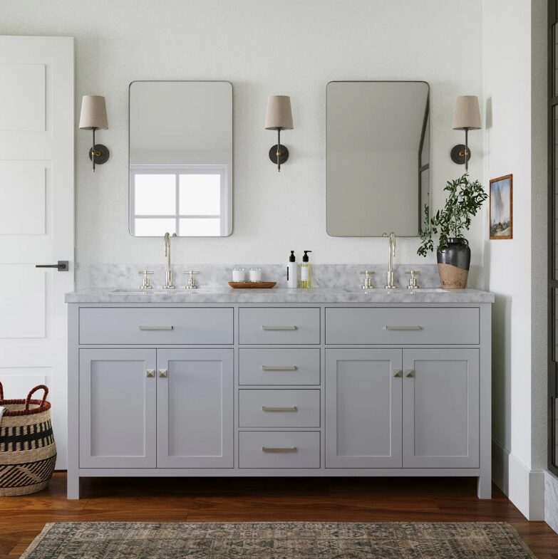 72 Inch Light Gray Shaker Double Sink Bathroom Vanity, Carrara White Marble Countertop & Brushed Nickel Hardware