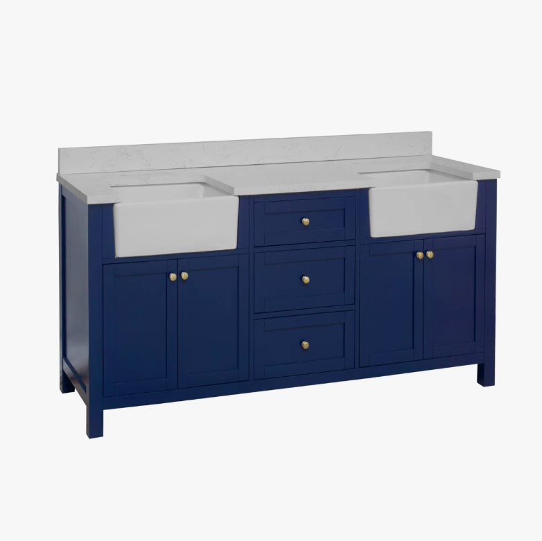 1 72" Freestanding Navy Double Farm Sink Vanity Cabinet with Balanced Storage Layout
