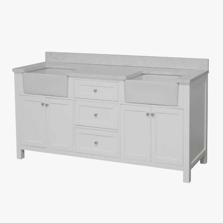 72" Freestanding White Double Farm Sink Vanity Cabinet with Symmetrical Storage