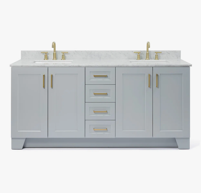Modern Shaker Light Gray Double Sink Vanity Soft Close Drawers & Spacious Side Cabinet Storage