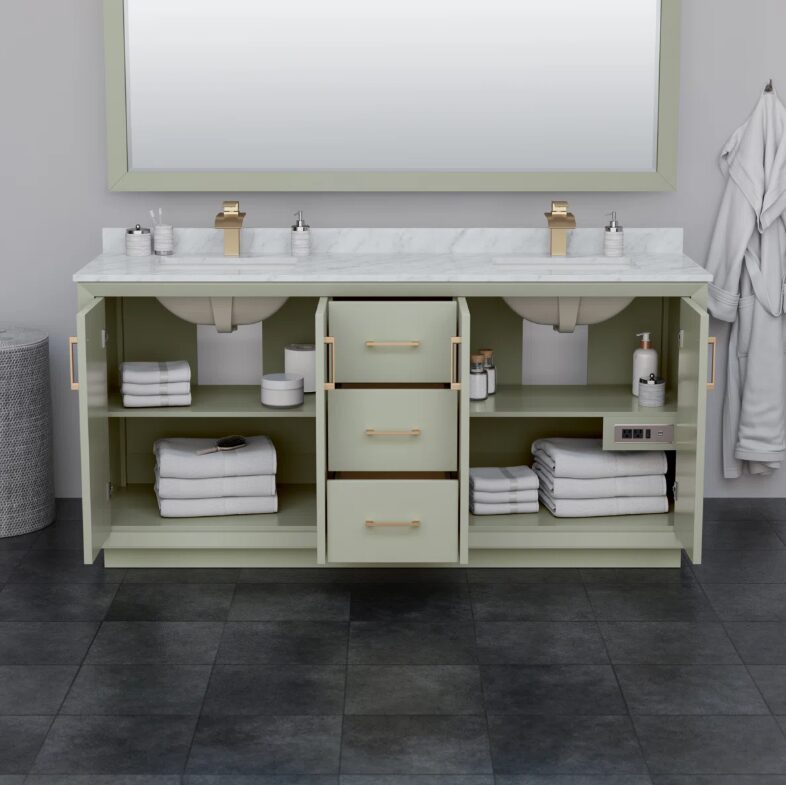 Modern Sage Green Shaker Double Vanity with Soft Close Drawers & Spacious Side Cabinets