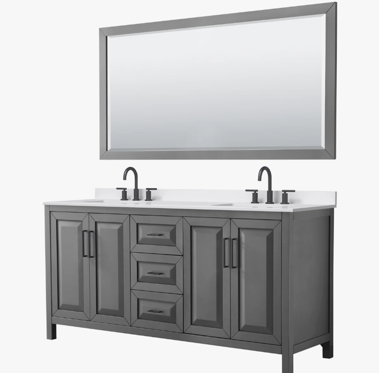 Contemporary Gray Shaker Double Vanity with Soft Close Drawers & Spacious Side Storage Cabinets
