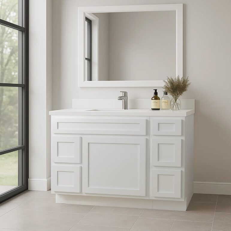 Freestanding Recessed Panel Vanity Cabinet Base with Multi-Drawer Storage for Custom Countertop