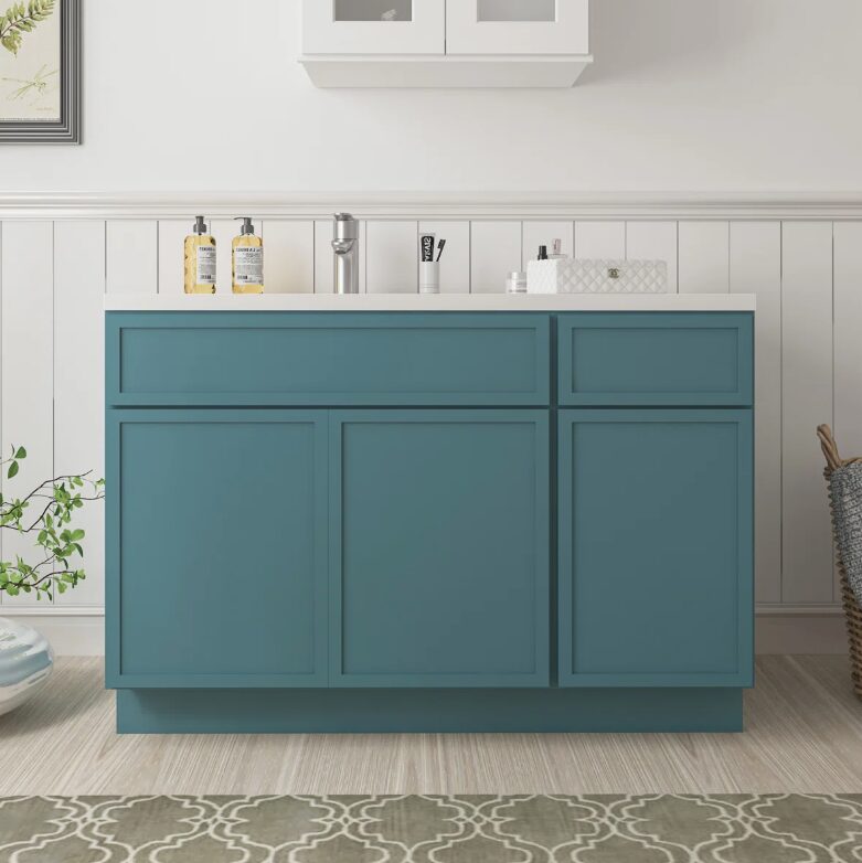 Vibrant Teal Shaker Vanity Base with Spacious Split Storage for Bathroom Renovation