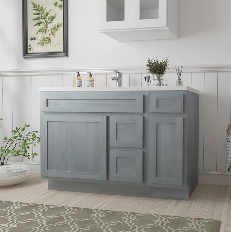 Neutral Grey Wood Shaker Vanity Base with Multi-Zone Storage for Bath Remodel