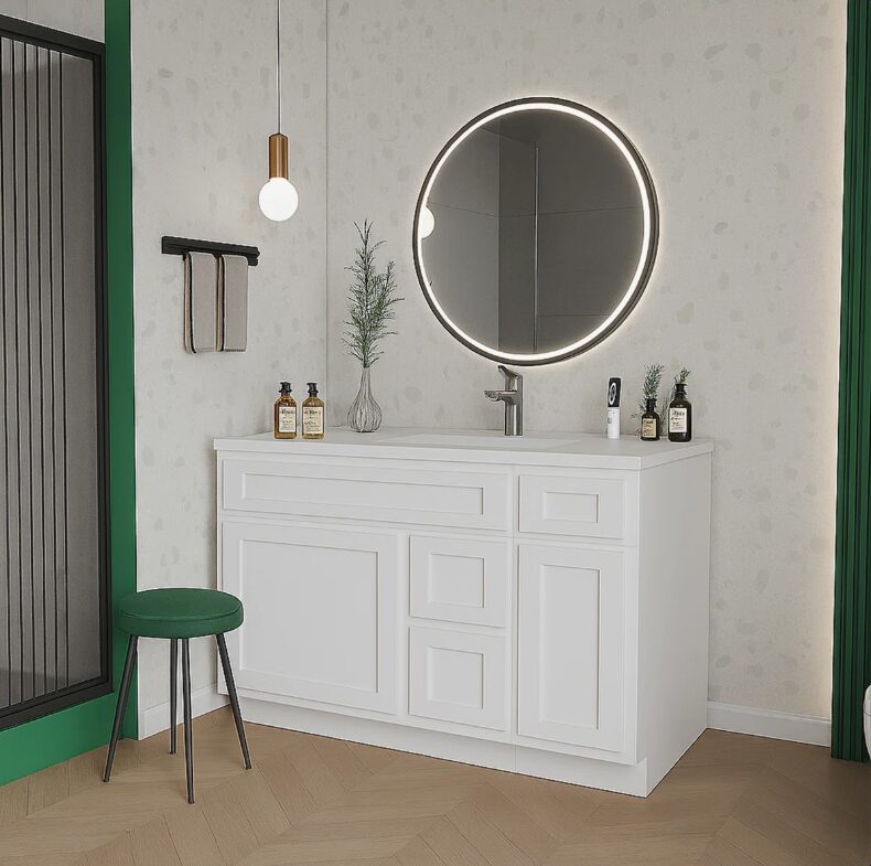 1 Classic Bright White Shaker Vanity Base Cabinet with Divided Storage for Bath Renovation
