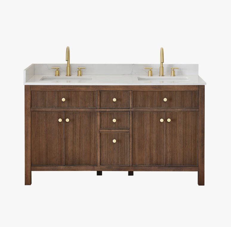 72 Inch Fluted Wood Double Sink Bathroom Vanity, Carrara White Stone Top & Brushed Gold Knobs