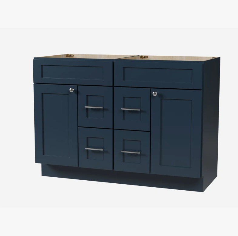 Spacious Navy Shaker Double Vanity Base with Multi-Drawer Storage for Master Bath Renovation