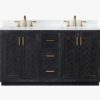 60 Inch Black Herringbone Wood Double Sink Bathroom Vanity, White Engineered Stone Top & Brushed Gold Bar Pulls