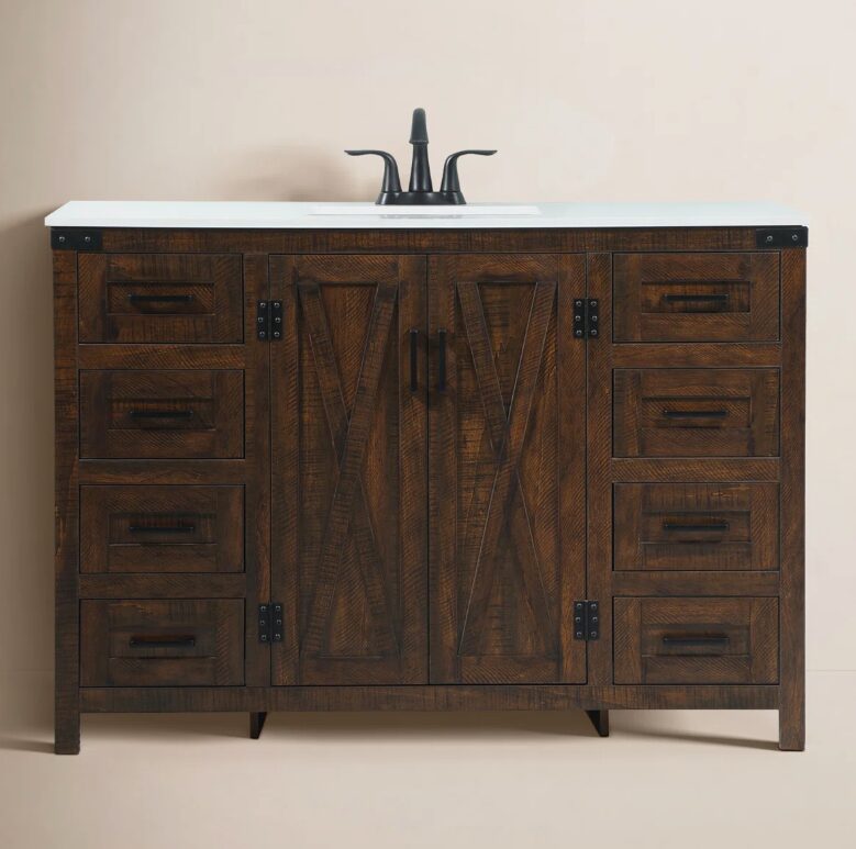 Industrial Rustic Dark Oak Bathroom Vanity with Abundant Drawer Storage for Modern Farmhouse Bath
